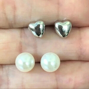Heart Studs & 8mm Pearl Stud Stainless Steel Earrings NWT